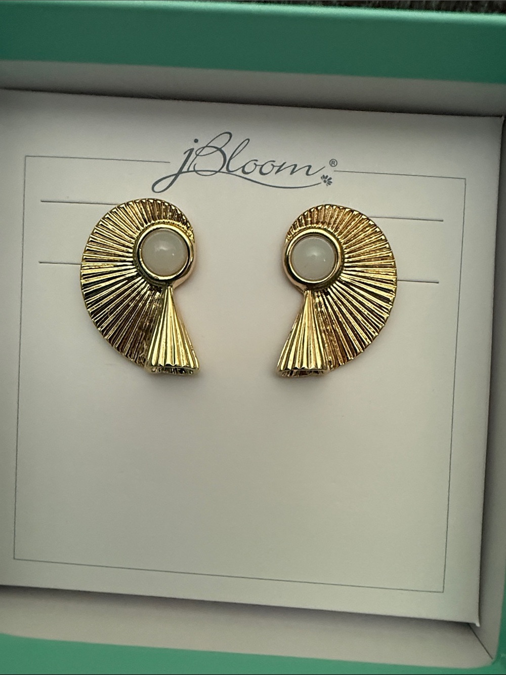 JBloom Gold Fan Spiral Earrings with Cream Center